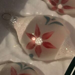 Hand Painted poinsettia Romanian Frost Glass miniature ornaments glitter tips